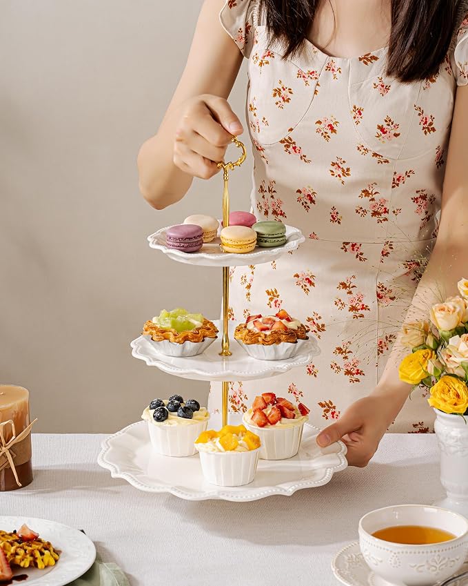 3 Tier Cupcake Stand, Ceramic Tiered Serving Stand | Relief Dessert Tower Tray, Cupcake Holder Tower for Birthday, Baby Shower, Tea Party and Wedding (Ivory)