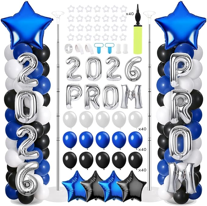 2 Sets Graduation Balloon Column Stand Kit with Balloons Prom Send off 2026 Grad Prom Themed Decor Black Blue White Balloon Tower Stand for Floor Grad School & College Celebration Party Supplies