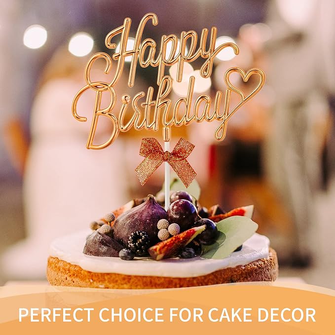 Gold Happy Birthday Cake Topper Plastic - 3D Double Sided Cursive Happy Birthday Sign for Cake with Bow, Idea for Cake Decoration(GOLD)