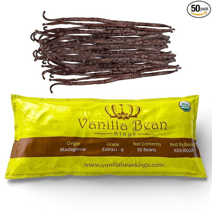 50 Organic Madagascar Vanilla Beans - Whole Grade B Pods for Baking Homemade Extract Brewing Coffee Cooking