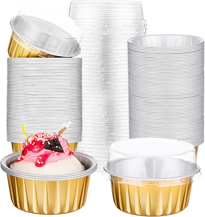 200 Pack Aluminum Foil Cupcake Liners with Lids, 5 oz Round Baking Cup, Disposable Ramekin Container for Graduation Wedding Independence Day Party(Gold,Plain)