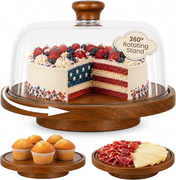 Rotating Acacia Wood Cake Stand with Lid Anti-Mold 12 Inch - 2-in-1 Wooden Charcuterie Board - Covered Dessert Plate with Acrylic Dome - Vintage Pastry Display - Tall Domed Serving Stand Platter - Brown