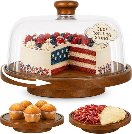 Rotating Acacia Wood Cake Stand with Lid Anti-Mold 12 Inch - 2-in-1 Wooden Charcuterie Board - Covered Dessert Plate with Acrylic Dome - Vintage Pastry Display - Tall Domed Serving Stand Platter - Brown