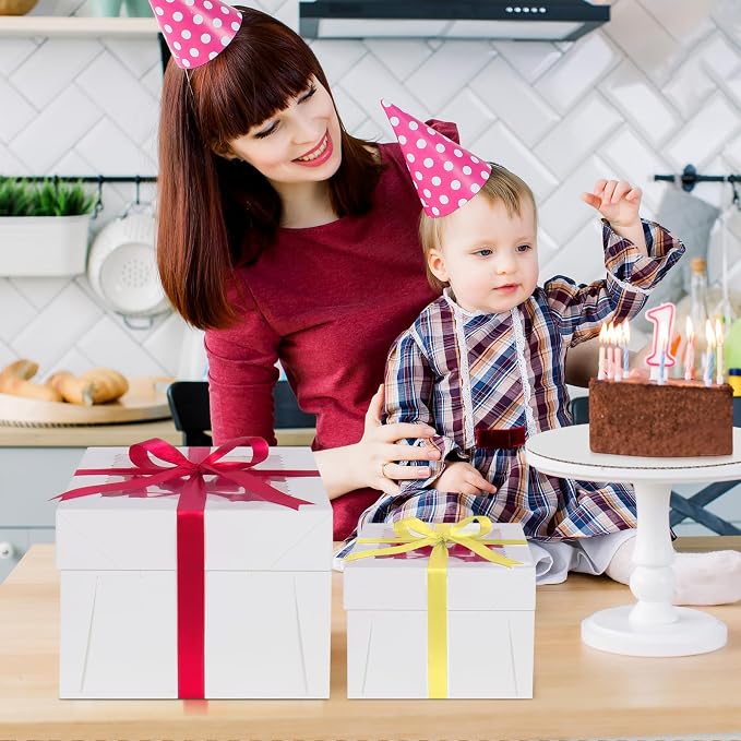 Sudaya 10x10x5 Cake Boxes with Window, Cake Boxes 10 inch Tall with Cakes Box Ribbon Stickers, 10in Disposable Carry Bakery Containers Cajas Para Pasteles for Pies Party Wedding Gift Giving