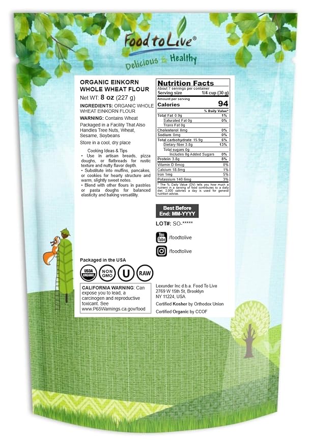 Food to Live Organic Einkorn Whole Wheat Flour, 8 Ounces – Finely Milled, Rich Fiber, Great for Baking Bread, Pizza, Pancakes, Muffins, USDA Certified, Non-GMO, Raw, Vegan, Kosher, Bulk
