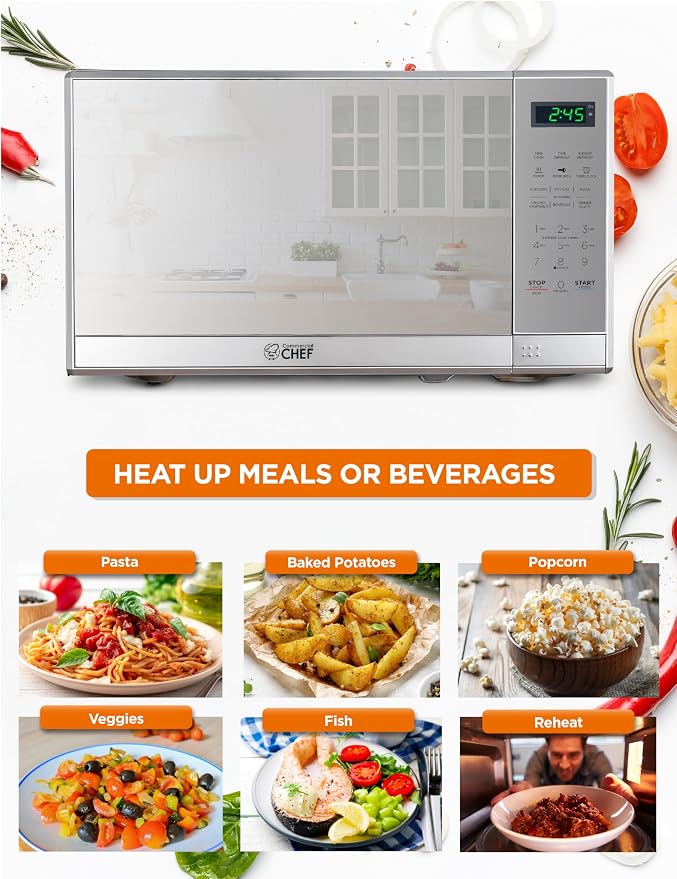 Commercial Chef 0.7 Cu. Ft. Countertop Microwave Oven, Touch Controls with Digital LED Display, 700W Microwave with 10” Turntable Plate, Push Button Door, 10 Power Levels, CHM7MS, Stainless Steel