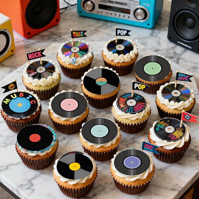 36PCS Edible Record Cupcake Toppers Wafer Paper Record CD Cupcake Picks Rock and Roll Party Decorations for Retro Vinyl Music Theme Birthday Baby Shower Supplies
