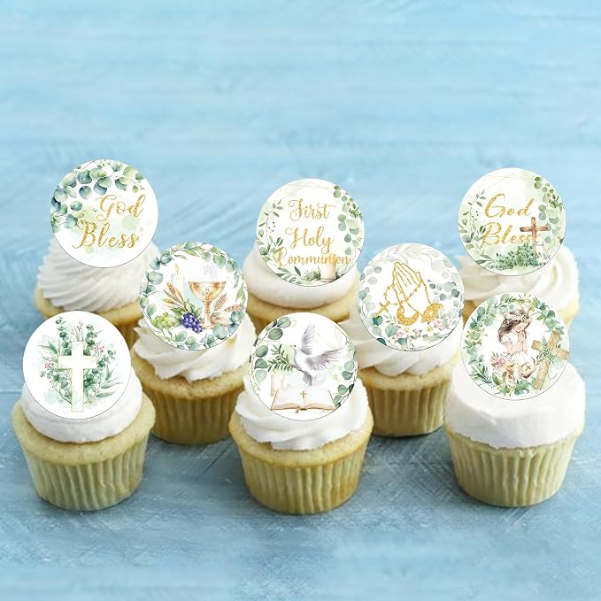 64 PCS Edible God Bless Cupcake Toppers First Holy Communion Cupcake Picks Edible Greenery Leaves Dove Cross God Bless and Baptism Cake Decorations for Baby Shower Girls Birthday Party Supplies