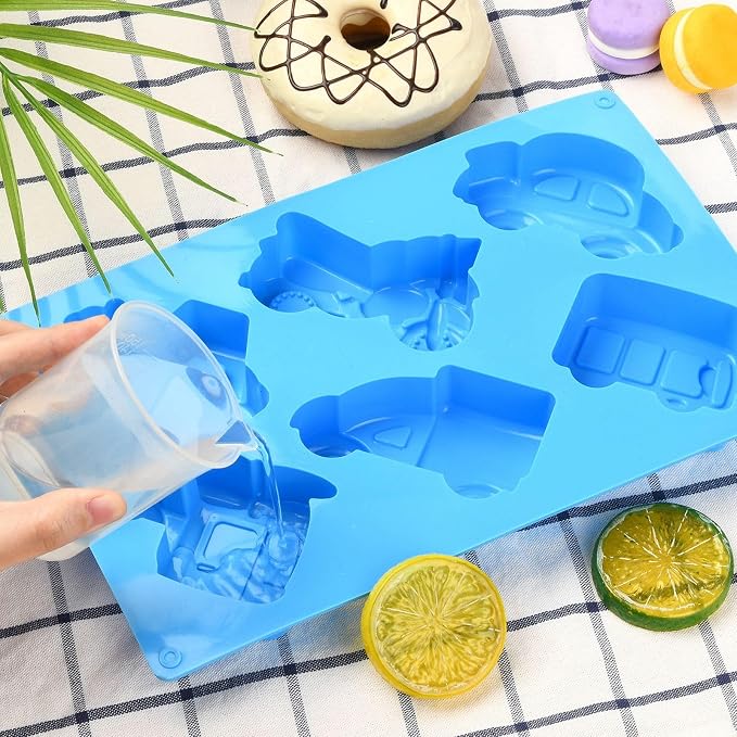 Ipotkitt Blue Car Theme Silicone Molds Vehicle Bus Transportation Candy Molds for Candy Chocolate Jelly Cake Ice Crafts, 2pcs, 6 Cavities