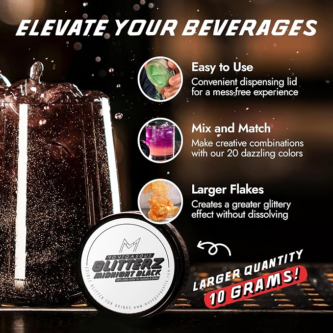 MONÉGASQUE Black Edible Glitter for Drinks 10g – Black Edible Glitter for Cakes & Cocktails – Cocktail & Drink Shimmer Powder – Cupcake Sprinkles Decorating Toppers & Cake Decorations Spray Sparkles