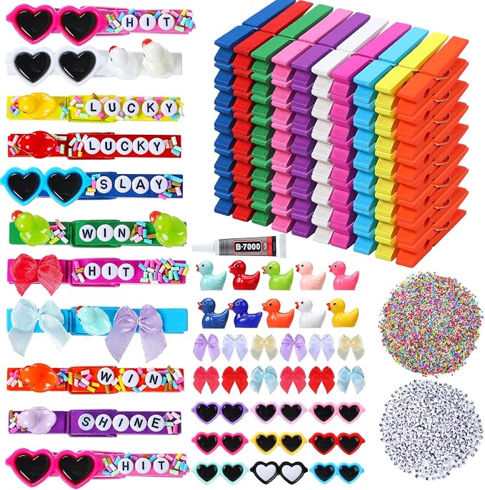 Geelin Cheer Pins Kit with 80 Pcs Spirit Clips, 800 Letter Beads, 30 Ducks, 30 Bows, 20 Sunglasses, Glue, Decoration for Cheerleaders, Volleyball Team Gifts Bulk Stuff DIY Charms(Multicolor,Classic)