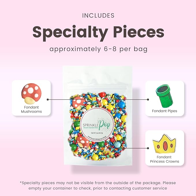 Sprinkle Pop Gamer Sprinkle Mix| Red Green Blue Yellow Sprinkles with ~10 Italian Plumber Pipes Crowns & Mushrooms| It's Me Sprinkles Made in USA for Decorating Boys Girls Birthday Cakes Cupcakes, 2oz