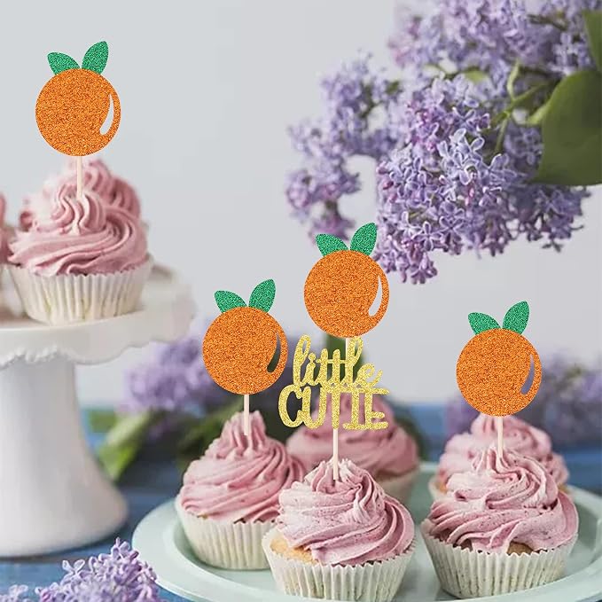 24 PCS Little Cutie Cupcake Toppers Glitter Orange Cupcake Picks for Citrus Theme Baby Shower Kids Birthday Party Cake Decorations Supplies