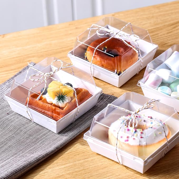 Jetec 50 Pack Charcuterie Boxes with Clear Lids and Rope 4 Inches Cake Disposable Square Dessert Food Box Containers with Lids for Bakery Macaron Cookies Strawberries Fruits Display (White)