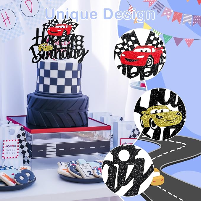 MEMOVAN Car Birthday Cake Topper Race Car Cake Decoration for Boy Girl Man Racing Car Checkered Flag Themed Birthday Party Supplies Double Sided