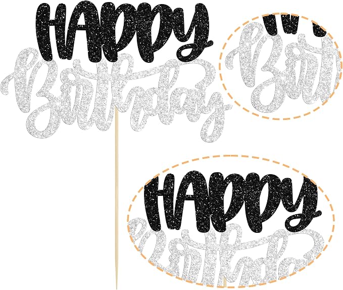 Gyufise 1Pcs Happy Birthday Cake Topper Glitter Happy Birthday Cake Pick for Celebrating Wedding Anniversary Theme Party Cake Decorations Supplies Black Silver