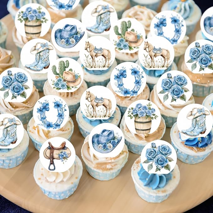 36PCS Edible Floral Horse Cupcake Toppers Wafer Paper Blue Pop-up Derby Horse Cowboy Cake Picks Edible Rodeo Western Boots Cupcake Toppers for Jockeys Equestrian Theme Supplies