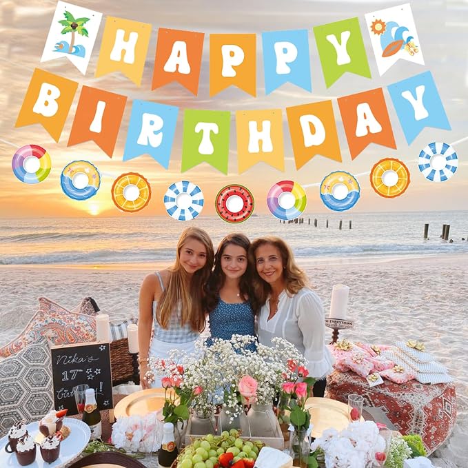 Zwiebeco Seaside Happy Birthday Party Decoration Banner Bunting Garland Hanging Paper for Summer Tropical Hawaiian Beach Pool Themed Boys Girls Kids Accessories Supplies