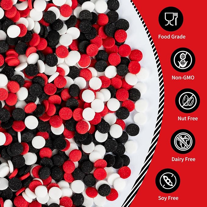 Edible Red Black White Round Confetti Sprinkles 130g/4.58oz,Flat Edible Sugar Confetti for Cake Cupcake Cookie Ice Cream Decorating,Resealable Storage Bag,Ideal for Mickey Themed Kids Birthday,Cartoon Party,Children Carnival,Baby Shower,Holiday Dessert...