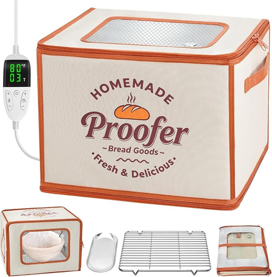 Foldable Bread Proofing Box, JOCXSPI 4-Sided Heating Dough Proofer for Sourdough Starter, 68–131°F Temp Control, 99H Timer, Metal Rack, Water Tray, Humidor for Pizza, Yogurt, Kombucha, Baking (Beige)