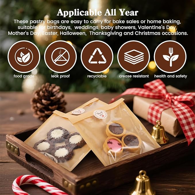 HONKID 100 Pack Cookie Packaging Bags With Seal Stickers, 5.7x6.5 Inch Food-Grade Bakery Bags With Window, Heat Sealable Paper Cookie Sleeves for Homemade, Cookies, Cakes, Brown, Donut