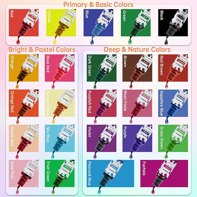 Silicone Pigment Set for Taba Squishy Maker & Silicone Mold, Ultimate 24 Colors Liquid Coloring Dye for Party, Group & Handicraft, Professional Squishy Making Paint Kit, 10 ml Each.