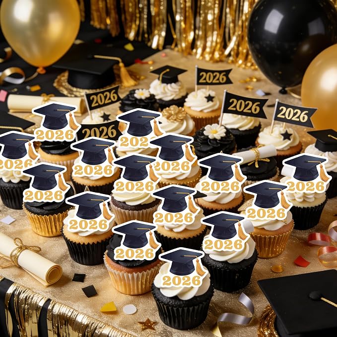 42pcs Edible Graduation Cap Cupcake Toppers Wafer Paper Gold Class of 2026 Cake Decorations Edible Grad Cap Cupcake Picks for 2026 Graduation Theme Party Cake Decor Supplies