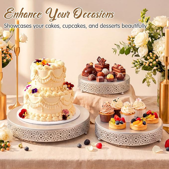 Wenqik 3 Pcs Cake Stand 16'' 14'' 12'' Round Metal Cake Stand Bases Display Holder Cookies Serving Tray Display Plate Cupcake Dessert Pastry Riser for Wedding Birthday Party(Vintage Style, Silver)