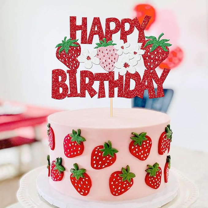 1 PCS Strawberry Happy Birthday Cake Topper Red Glitter Flower Fruit Strawberry Cake Pick Berry Birthday Cake Decoration for Strawberry Theme Baby Shower Birthday Party Cake Decorations Supplies