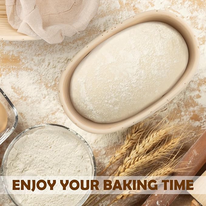 E-far Bread Proofing Basket Set of 2, 10 Inch Oval Dough Bowls for Rising, Sourdough Bread Baking Supplies with Liners for Home and Professional Baking