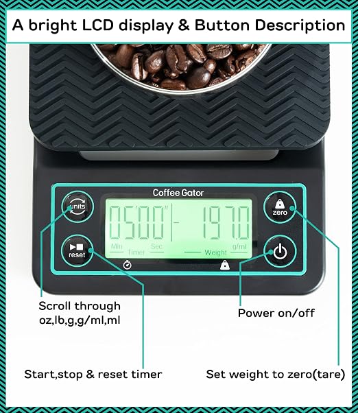 Coffee Gator Coffee Scale 0.1g Precision with Timer - 3kg Digital Scale ﻿Large LCD Weighing Kitchen Multifunctional for Pour Over, French Press, Espresso, Bean, Food, Drink