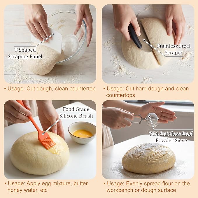 Sourdough Starter Kit with 9" Round & 10" Oval Bread Proofing Baskets | Pure Natural Indonesian Rattan Material and a Complete Set of Homemade Bread Baking Tools suitable for Beginners