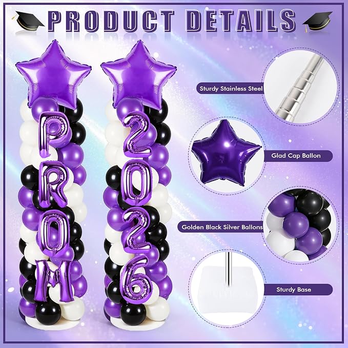 2 Sets Graduation Balloon Column Stand Kits with 132 PCS Purple Black White Latex Balloons 2026 Letters 6.5 Ft Adjustable Metal Tube Telescopic Tower Pillar with Base for Graduation Party Decoration