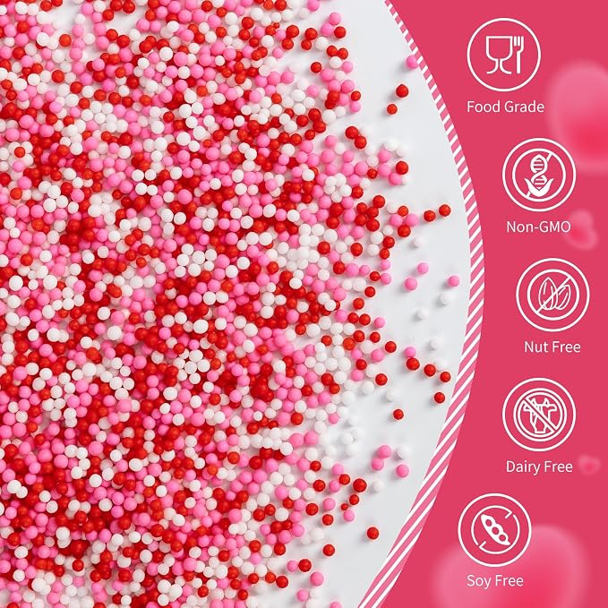 Nonpareils Sprinkles,Edible Pearl Sprinkles,Pink White and Red Nonpareils Mix,130g,Cute Pearls Cake Candy,Mini Sugar Sprinkles for Decorations Baking,Cake Donut Ice Cream Cookies Cupcake Topper Chocolate,Birthday Wedding Mother's Day Party Supplie