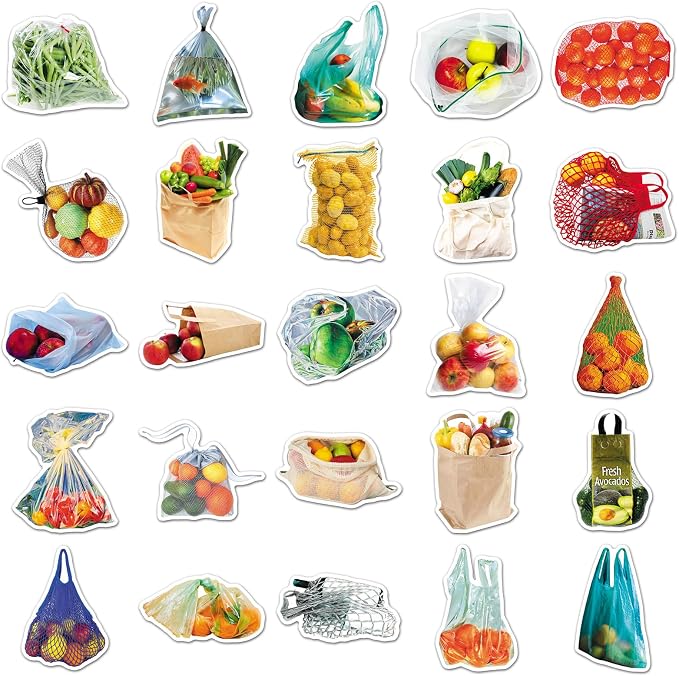 50 Pcs Bagged Food -Fruit and Vegetable Stickers Pack - Cute Cartoon Produce Decals in a Bag for Kids Learning, Kitchen Labels, Healthy Eating - Teacher & Parent Supplies (Bagged Food)