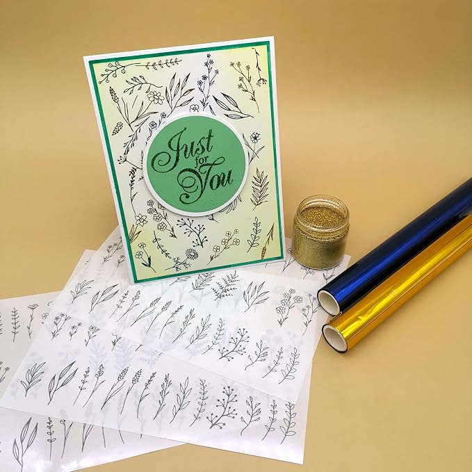 3pc Spring Florals Leaf Stick & Shine Foil Transfer Sticker Paper for Handmade Card Making Scrapbooking and Album Journal Invitation Letter Decoration Hot Foil Transfer Printing Adhesive Sheets