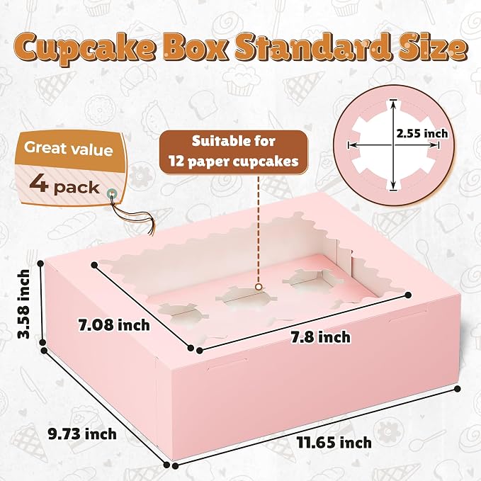RYDDOY 4 Pack Cupcake Boxes, Hold 12 Standard Cupcakes, Pink Cupcake Containers, Cupcake Holder with Window and Inserts for Birthday Holiday Party, Supplies for Cupcakes, Desserts and More