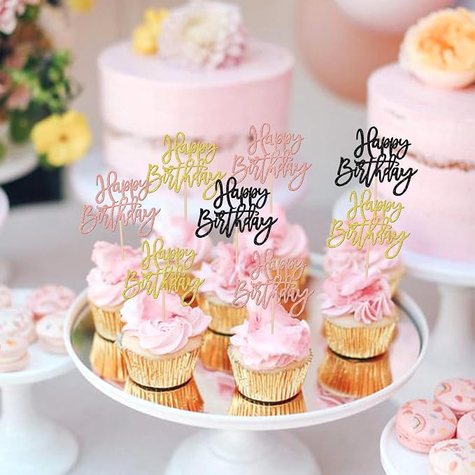 24 PCS Happy Birthday Cupcake Toppers Glitter Happy Birthday Cupcake Picks for Celebrating Anniversary Theme Party Cake Decorations Supplies Gold Black Rose Gold