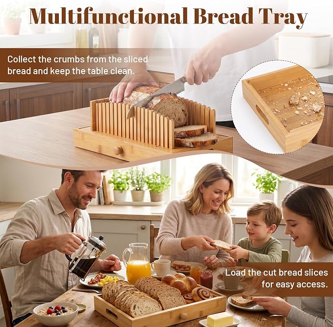 3 in 1 Bread Slicer with Bread Box and Bread Serving Tray, Bamboo Bread Slicer for Homemade Bread, Multifunctional Bread Storage Container for Slicer Storage and Bread Tray