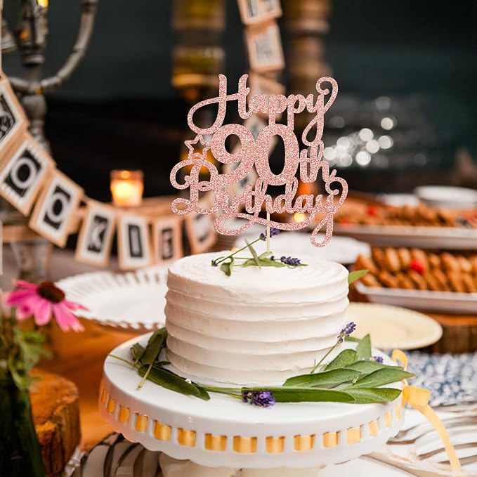 1 Pack Happy 90th Birthday Cake Topper Rose Gold Glitter 90 & Fabulous Cheers to 90 Years Old Birthday Cake Pick for Celebrating 90th Birthday Anniversary Party Cake Decorations Supplies