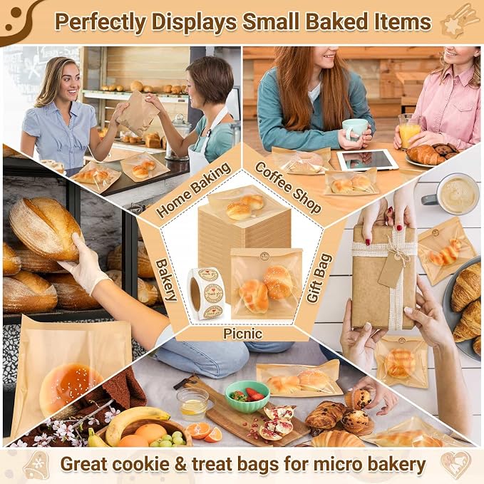 Subalga 200 Pack Cookie Paper Bags with Window 7.1x7.5 Donut Bags with 500 Pcs Thank You Stickers Heat Sealable Cookie Bags Grease Resistant Paper to Go Bake Sleeves for Gift Giving Donut Bread(Brown)