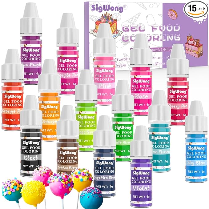 Gel Food Coloring - 15 Colors Flavorless Gel Based Food Color Dye, Vibrant Edible Concentrated Food Coloring for Cake Cookie Decorating, Easter Egg, Icing, Fondant, Baking, Macaron (6g/Bottle) - Vegan