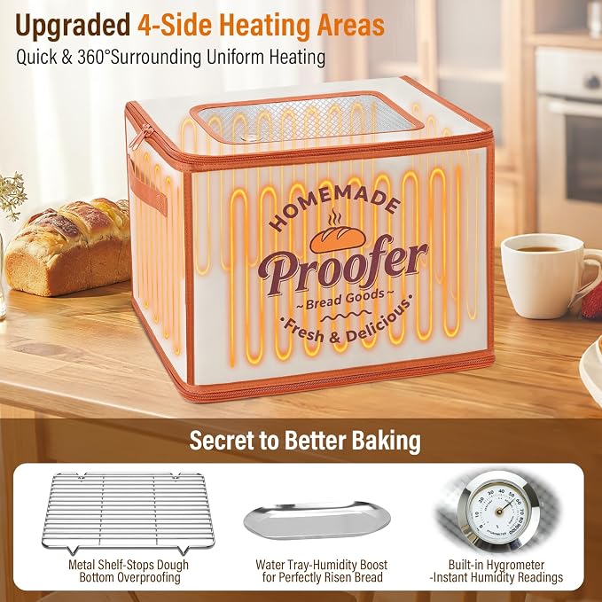 Foldable Bread Proofing Box, JOCXSPI 4-Sided Heating Dough Proofer for Sourdough Starter, 68–131°F Temp Control, 99H Timer, Metal Rack, Water Tray, Humidor for Pizza, Yogurt, Kombucha, Baking (Beige)