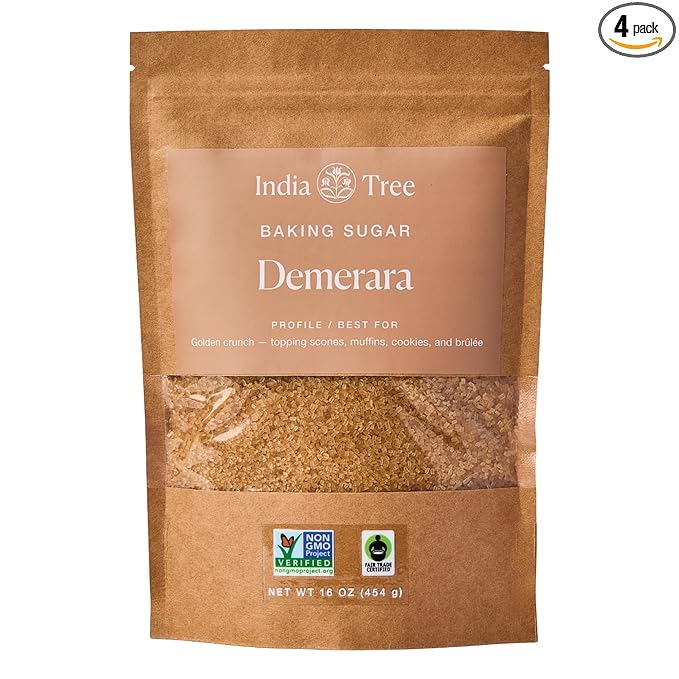 India Tree Demerara Sugar, 1 lb (Pack of 4) | Large Golden Crystals