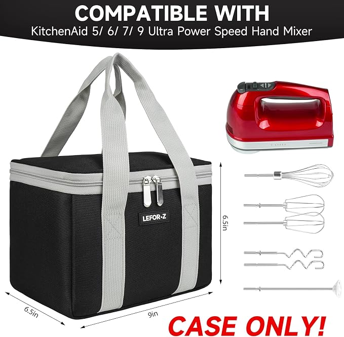 LEFOR·Z Hand Mixer Carrying Bag Compatible with KitchenAid 5/6/ 7/9 Ultra Power Speed Hand Mixers,Portable Travel Storage Case Bag Fits for Kitchen Aid Mixer Accessories,Black/Grey (Bag Only)