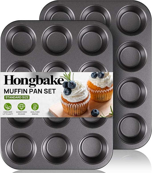 HONGBAKE Muffin Pan for Baking, Nonstick Cupcake Tin 12 Cup, 2 Pack Cup Cake Tray, Premium Cheesecake Pans, Dishwasher Safe - Dark Grey