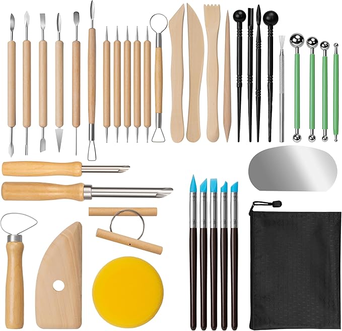 Amrules Pottery Tools, 38 PCS Polymer Clay Sculpting Tools Set, Ceramic Kit for Beginner, Adults, Pottery Craft, Carving, Drawing, Molding, Modeling, Shaping
