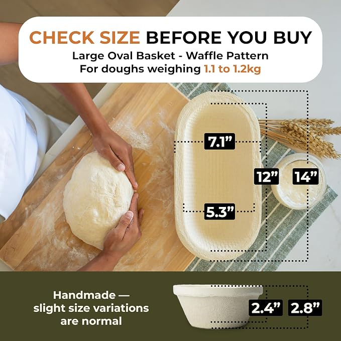 Bulka Large Oval 1kg Waffle Banneton Bread Proofing Basket Pressed Wood Pulp, Sourdough Proofing Basket – Non-Stick Brotform Sourdough Bread Baking Supplies, Made in Germany.
