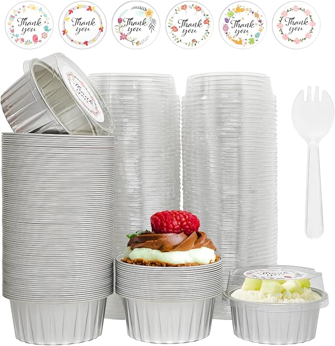 100 Pcs Aluminum Foil Baking Cups with Lids, 5oz Cupcake Liners Dessert Cups,Disposable Ramekins Mini Cake Containers Tin Mini Muffin Liners for Wedding Christmas Party（Silver）