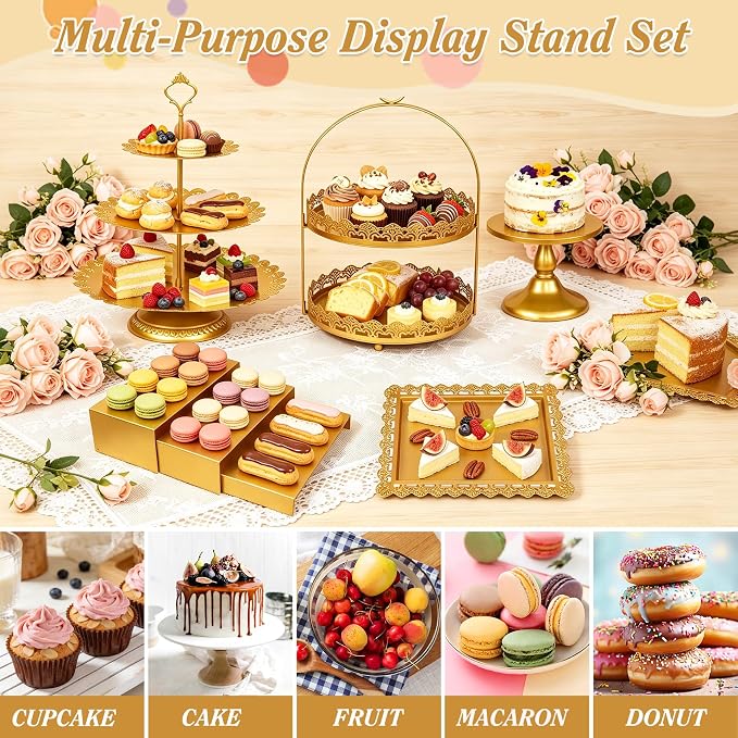 10 Pcs Gold Cake Stand Set Metal Cupcake Stands, Multiple Styles Dessert Display Tower for Candy Fruit, Cake Serving Trays for Birthday, Wedding, Anniversary, Baby Shower, Engagement Party